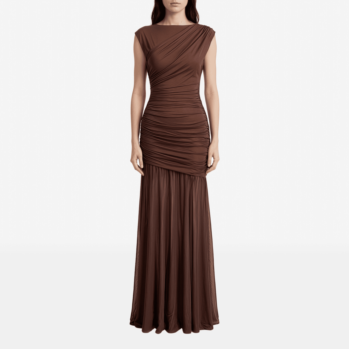 Sleeveless Ruched Asymmetric Maxi Dress