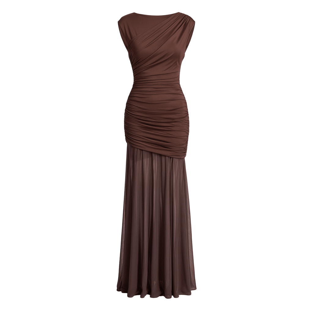 Sleeveless Ruched Sexy Maxi Dress Women Gown Elegant Patchwork Mesh O Neck High Waist Skinny Club Party Long Dresses - Sorina