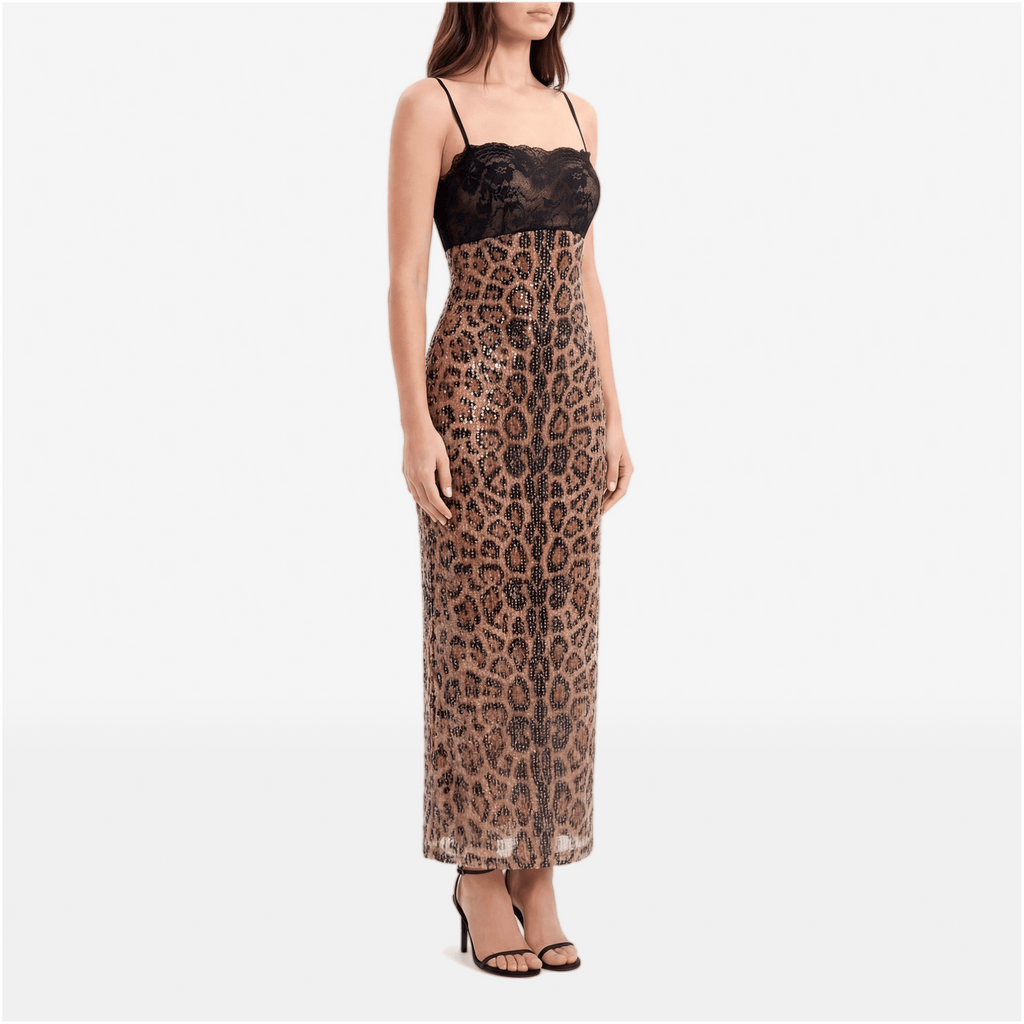 Sparkle Leopard Print Sexy Midi Dress Women Gown Elegant Spaghetti Strap Sleeveless Backless Bodycon Club Party Dresses - Sorina