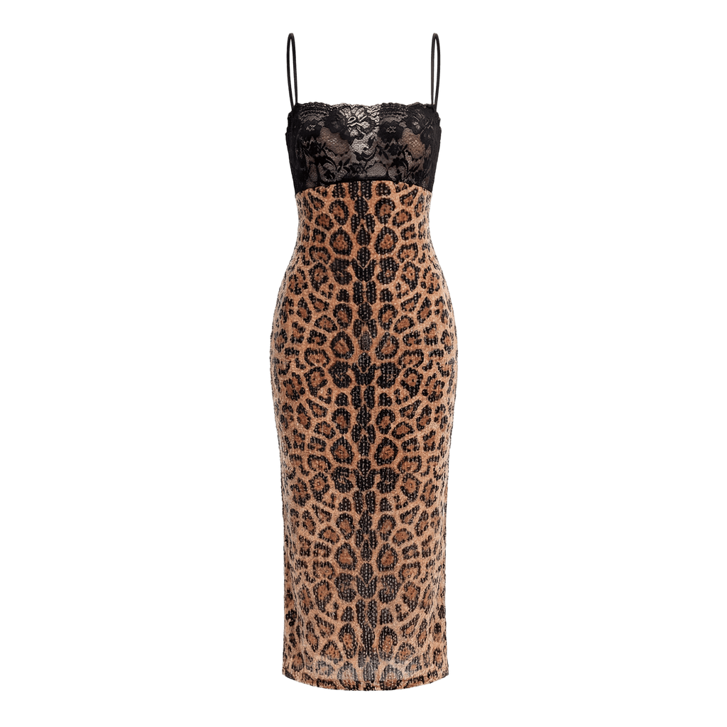 Sparkle Leopard Print Sexy Midi Dress Women Gown Elegant Spaghetti Strap Sleeveless Backless Bodycon Club Party Dresses - Sorina