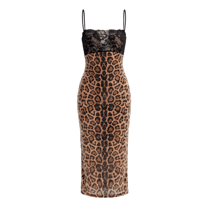 Lace Bodice Leopard Print Midi Dress