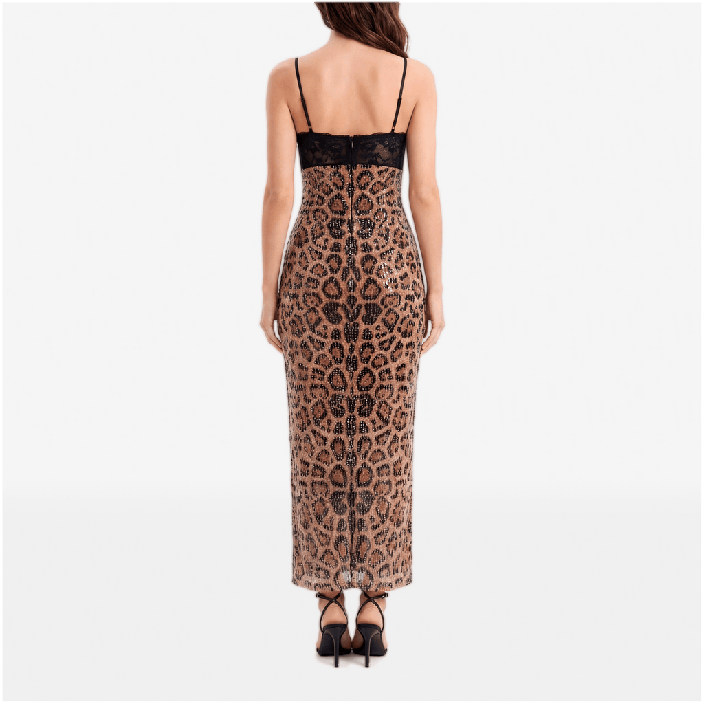 Sparkle Leopard Print Sexy Midi Dress Women Gown Elegant Spaghetti Strap Sleeveless Backless Bodycon Club Party Dresses - Sorina
