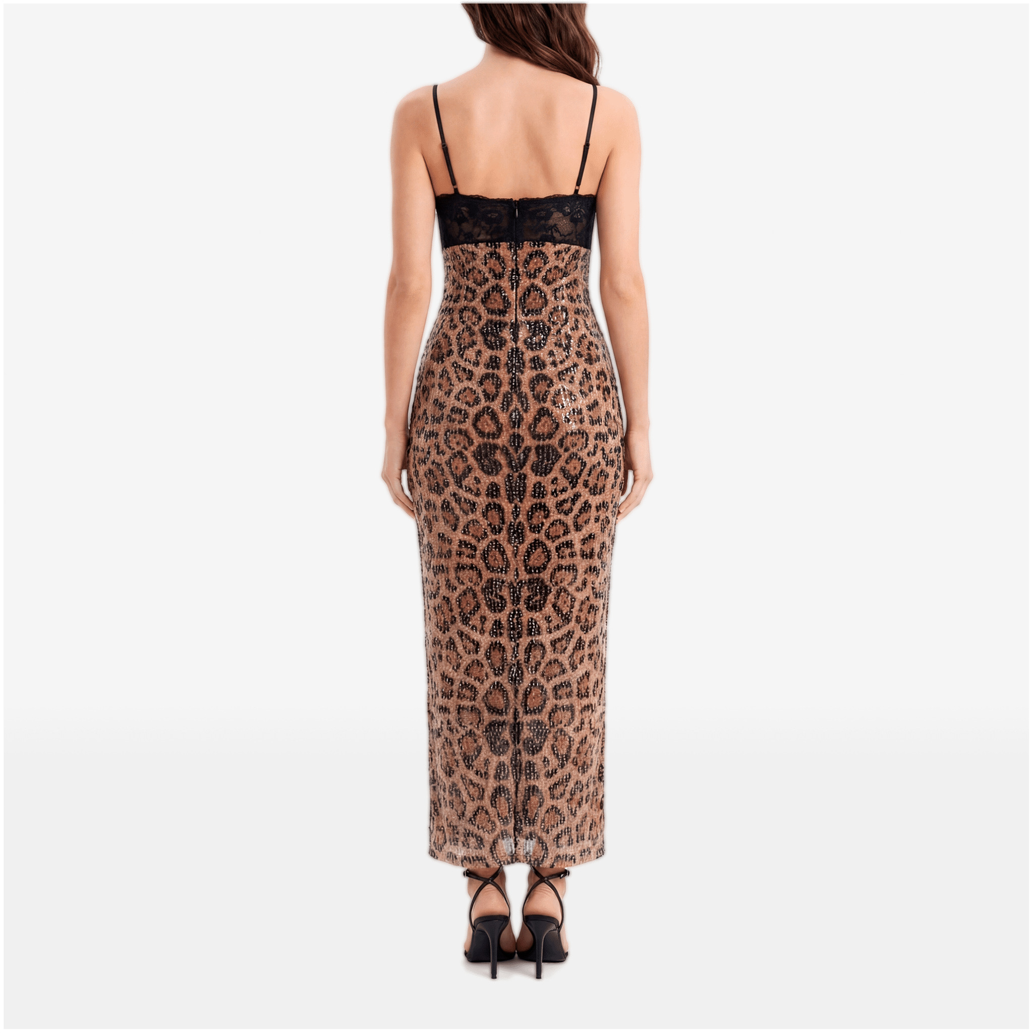 Sparkle Leopard Print Sexy Midi Dress Women Gown Elegant Spaghetti Strap Sleeveless Backless Bodycon Club Party Dresses - Sorina
