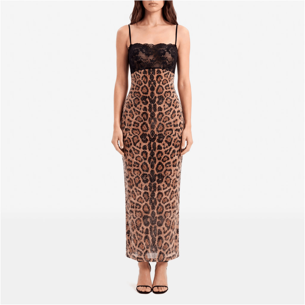 Sparkle Leopard Print Sexy Midi Dress Women Gown Elegant Spaghetti Strap Sleeveless Backless Bodycon Club Party Dresses - Sorina