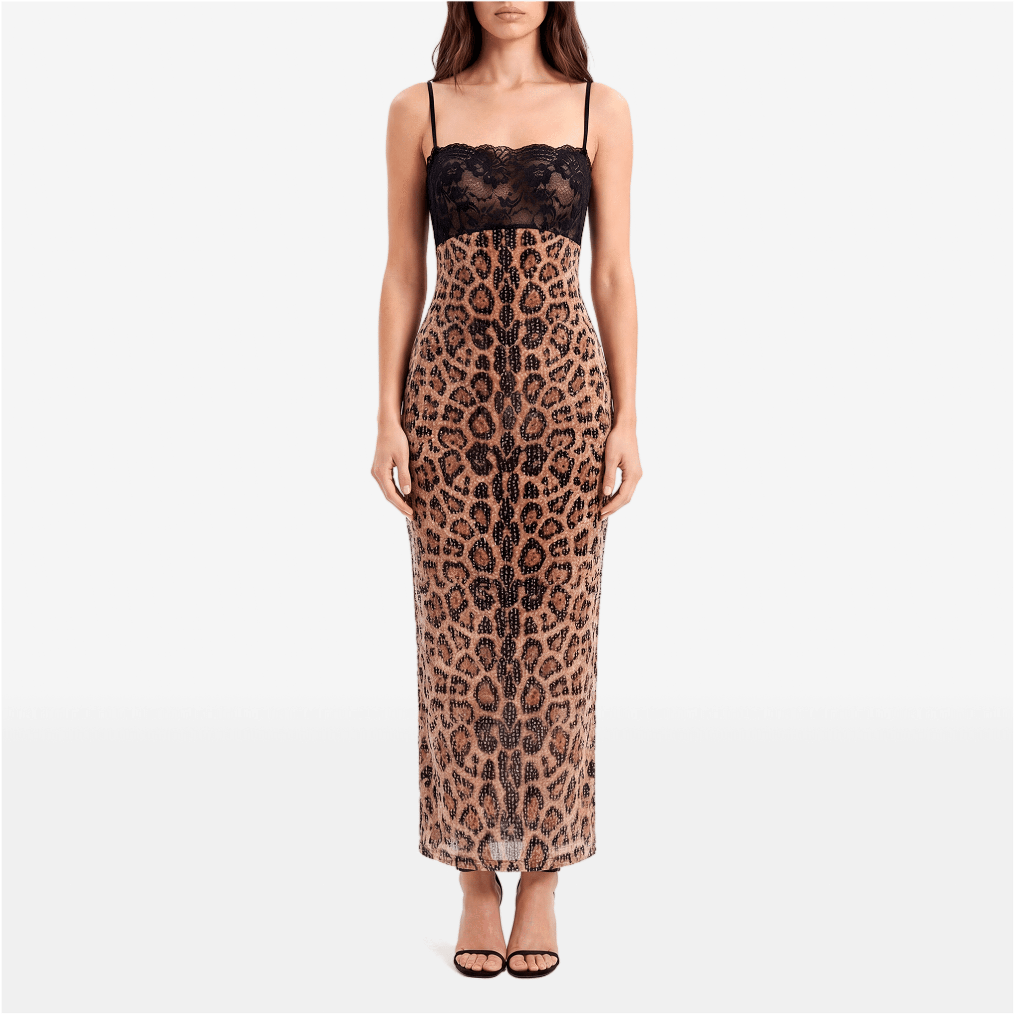 Sparkle Leopard Print Sexy Midi Dress Women Gown Elegant Spaghetti Strap Sleeveless Backless Bodycon Club Party Dresses - Sorina