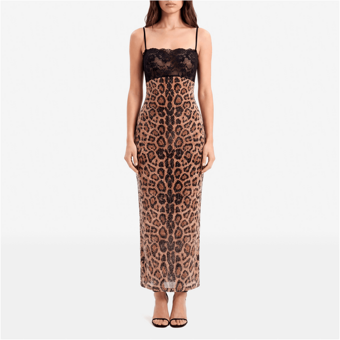 Lace Bodice Leopard Print Midi Dress