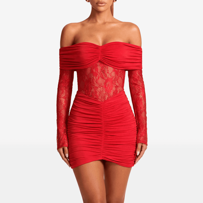 Off Shoulder Lace Ruched Mini Dress
