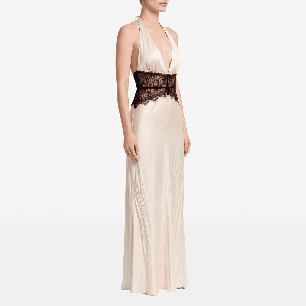 Summer Backless Sexy Maxi Dress Women Gown Patchwork Lace Halter Deep V Neck Sleeveless High Waist Elegant Long Dress - Sorina