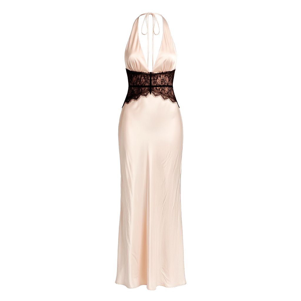 Summer Backless Sexy Maxi Dress Women Gown Patchwork Lace Halter Deep V Neck Sleeveless High Waist Elegant Long Dress - Sorina