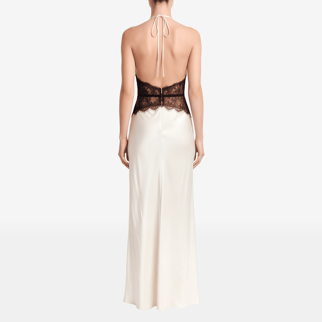 Summer Backless Sexy Maxi Dress Women Gown Patchwork Lace Halter Deep V Neck Sleeveless High Waist Elegant Long Dress - Sorina