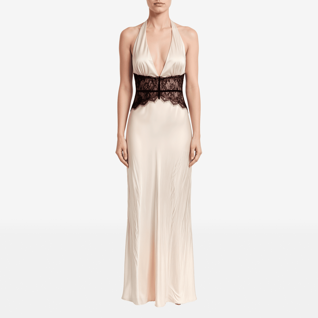 Summer Backless Sexy Maxi Dress Women Gown Patchwork Lace Halter Deep V Neck Sleeveless High Waist Elegant Long Dress - Sorina