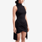 Turtleneck Sleeveless Sexy Mini Dress for Women Fashion Irregular Ruched Tank Dress Femme Elegant Club Party Dress - Sorina