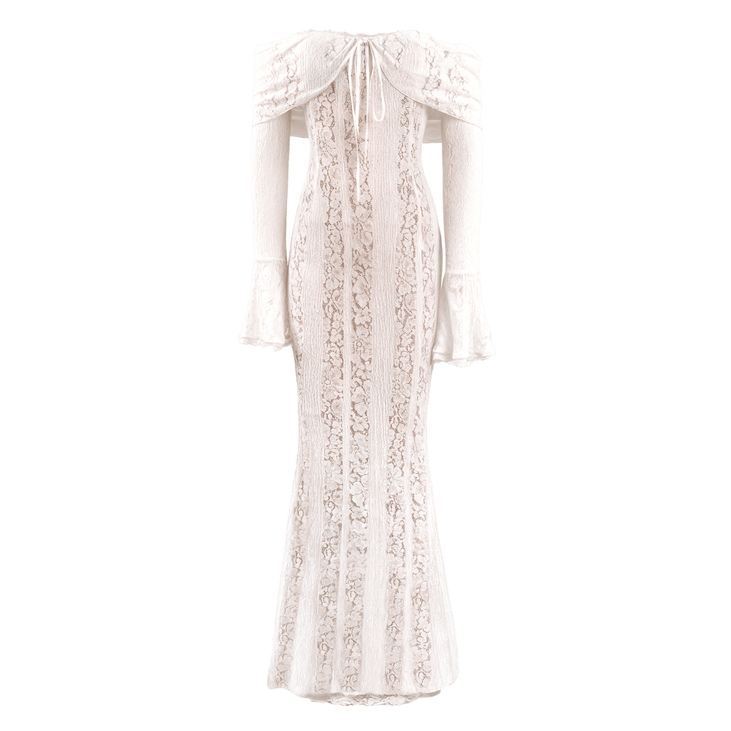 White Maxi Wedding Guest Dress Women 2025 Elegant off the Shoulder Evening Party Dresses Red Lace Flare Sleeve Dress - Sorina